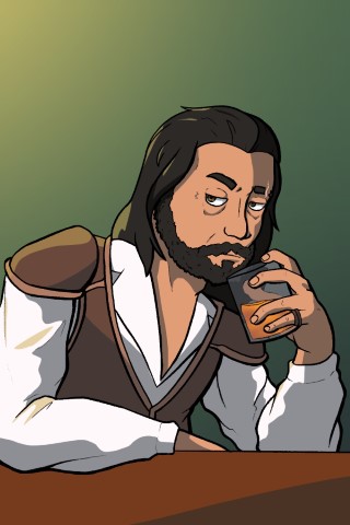 Illustration of a man at a bar. He is drinking brown liquor and is looking to the side incredulously.